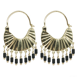 Carved geometric hoop earrings with black beads