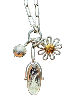 Silver charm necklace with silver globe, Silver Hourglass, silver flower
